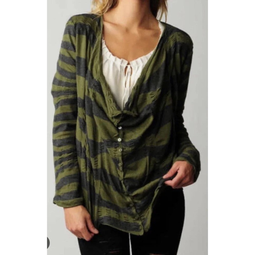 Whimsigoth Fairy Grunge Crumpled Cardigan Olive Stripe Free People L